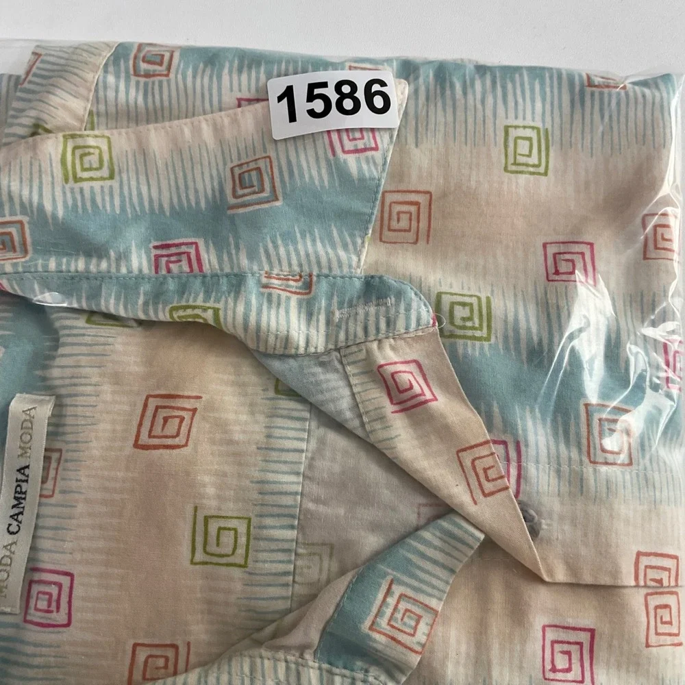 Moda Campia Moda Mens XL Cotton Button Down Shirt Geometric Spiral Ikat Teal Tan - Picture 3 of 9